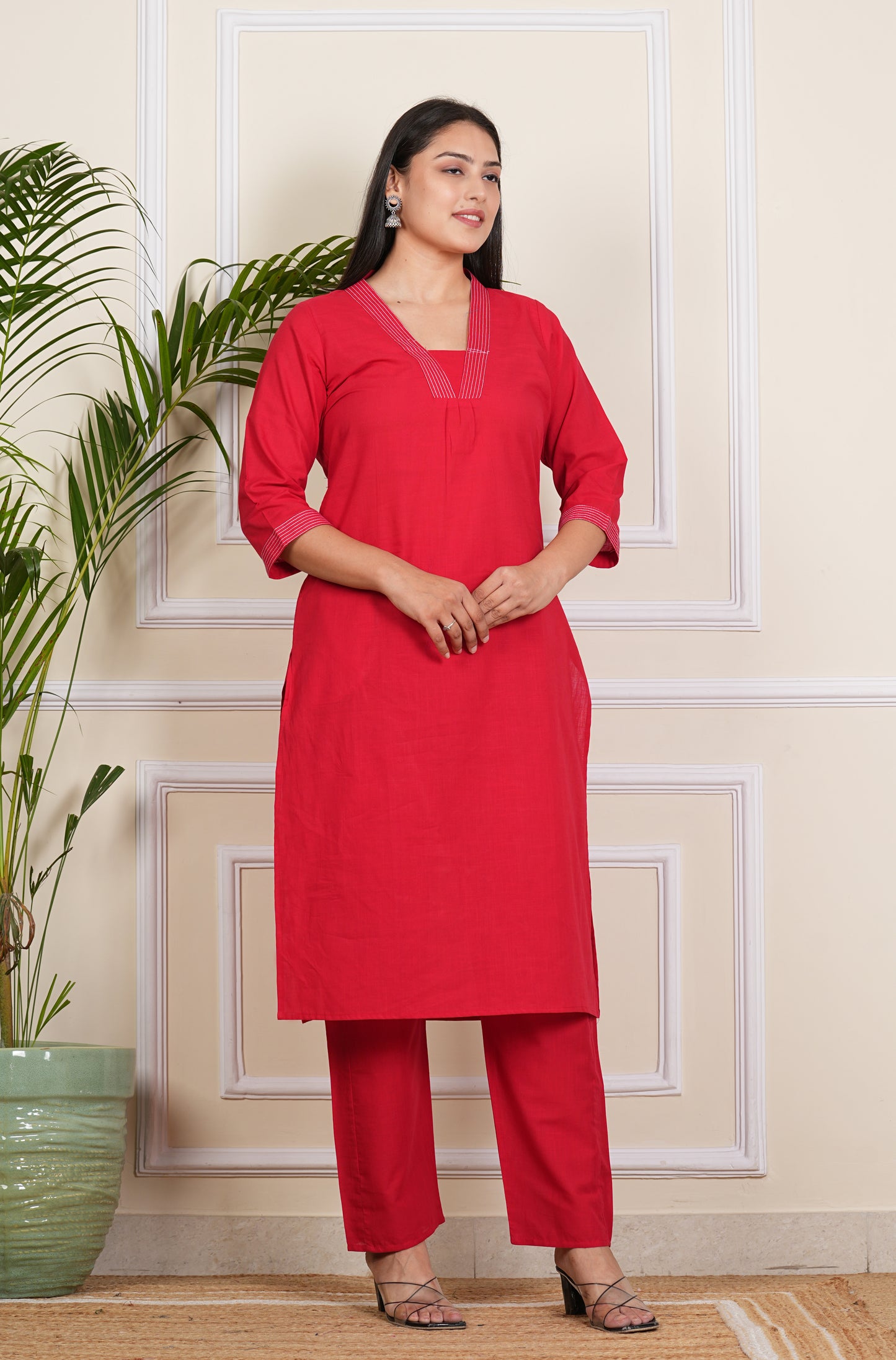 "Elegant red Cotton Kurti with Matching Pants"