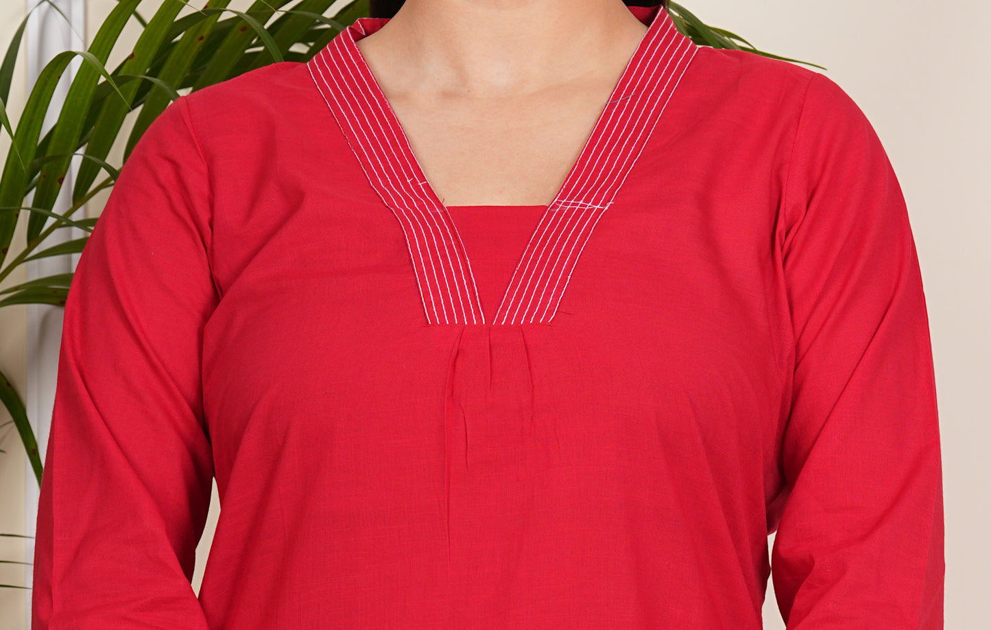 "Elegant red Cotton Kurti with Matching Pants"