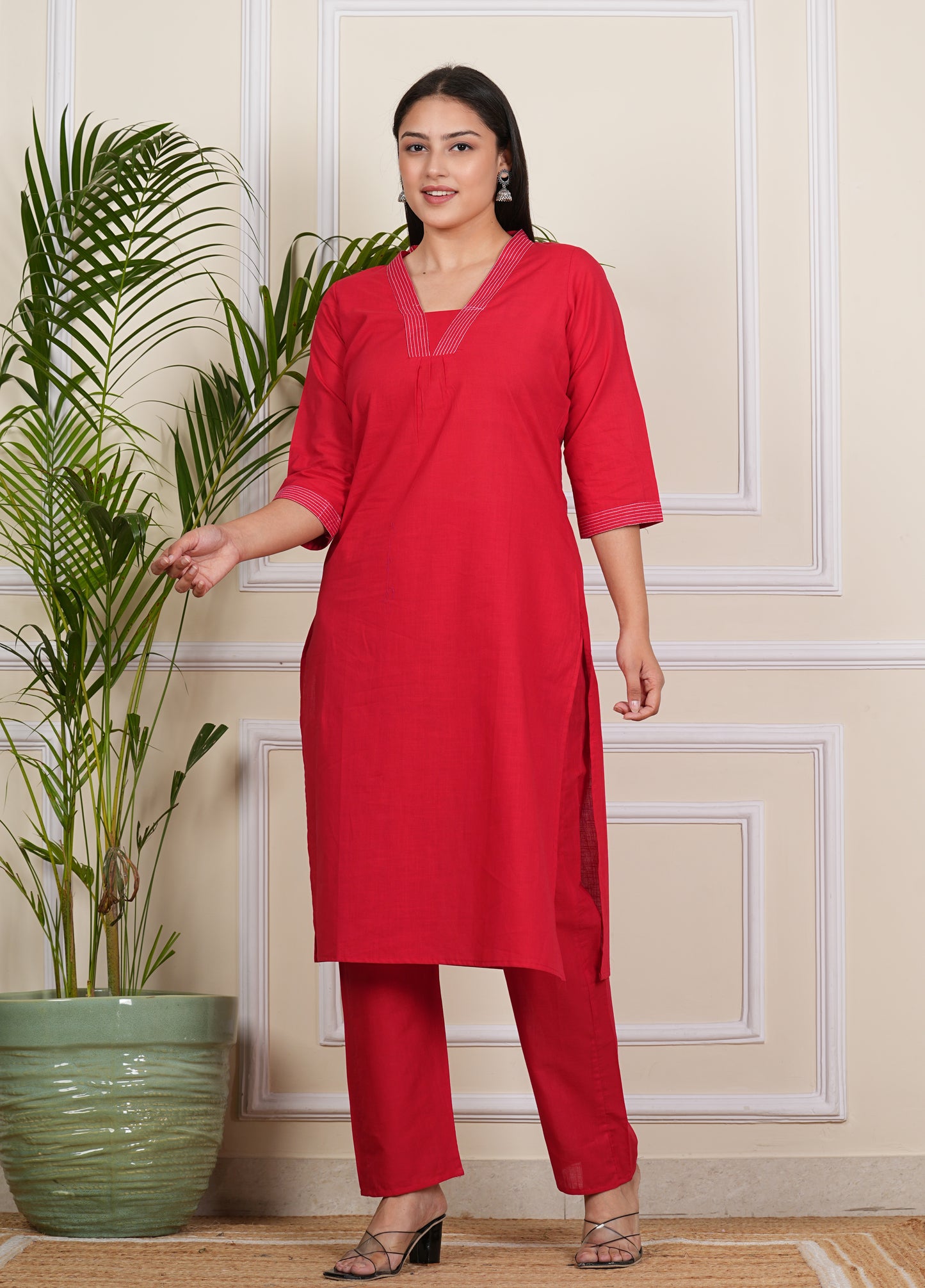 "Elegant red Cotton Kurti with Matching Pants"