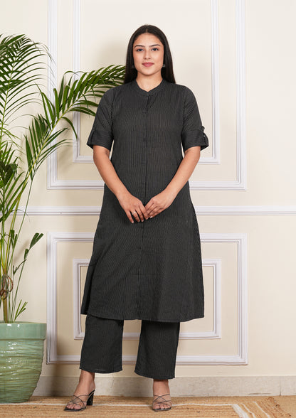 LIBASRACHNA Black Katha Cotton Kurta And Palazzo Set