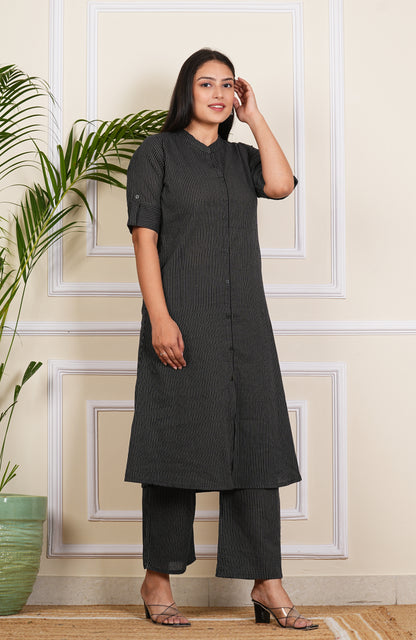 LIBASRACHNA Black Katha Cotton Kurta And Palazzo Set