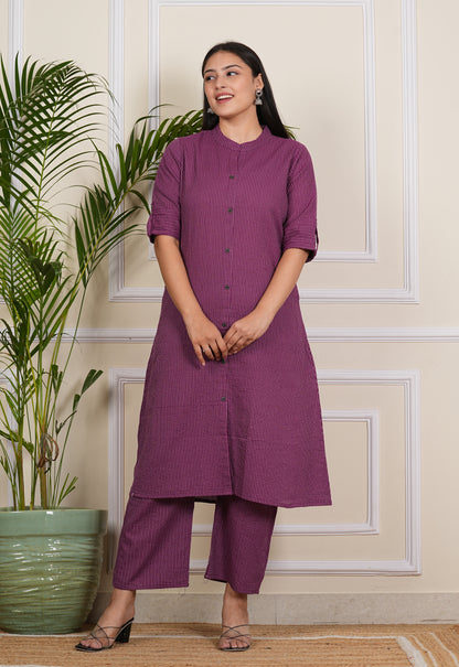 LIBASRACHNA Katha Cotton Kurta Set (WINE)