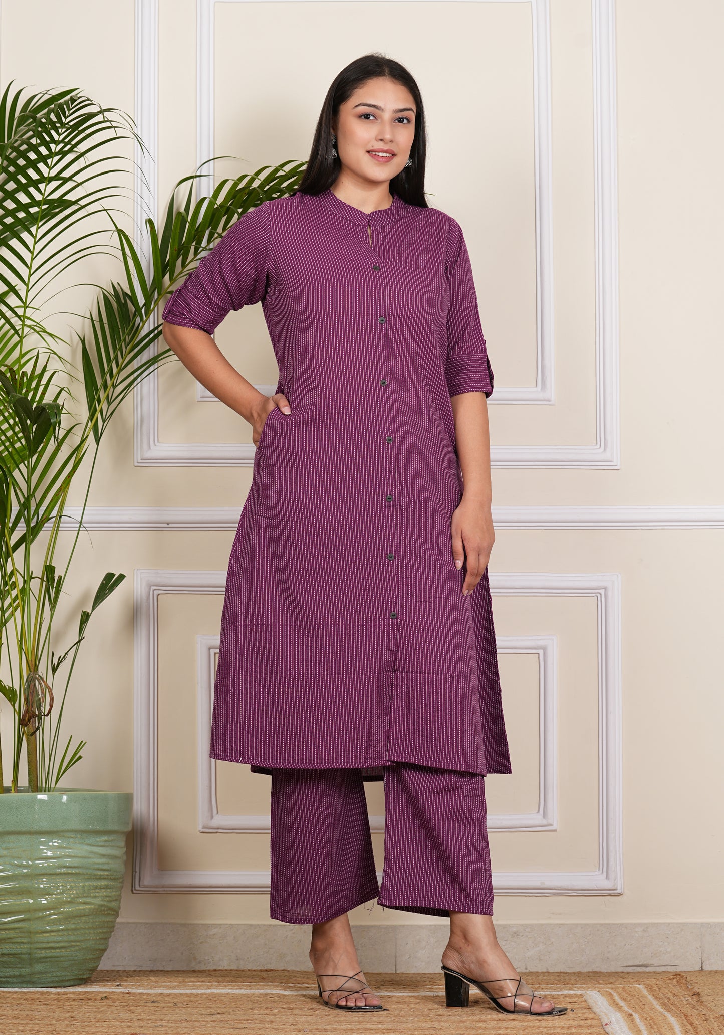 LIBASRACHNA Katha Cotton Kurta Set (WINE)