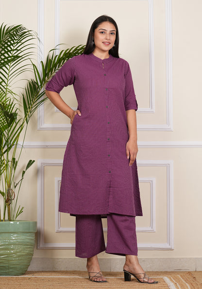 LIBASRACHNA Katha Cotton Kurta Set (WINE)