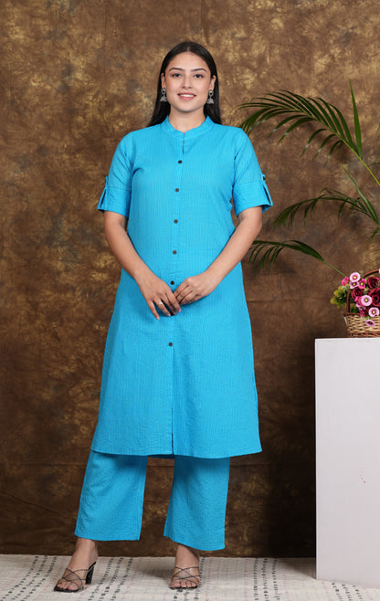 LIBASRACHNA Sky Blue Katha Cotton Kurta And Palazzo Set