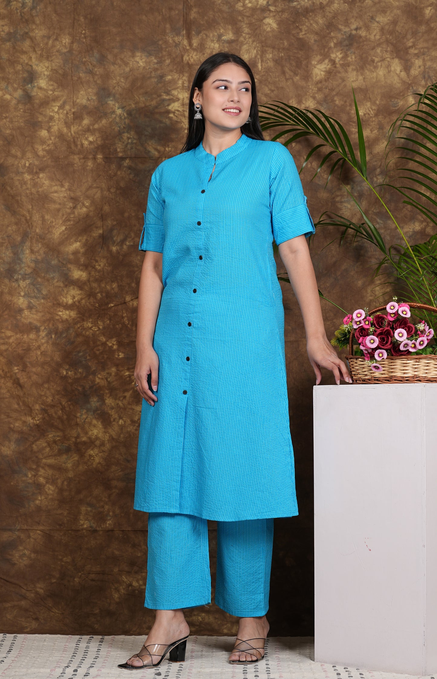 LIBASRACHNA Sky Blue Katha Cotton Kurta And Palazzo Set