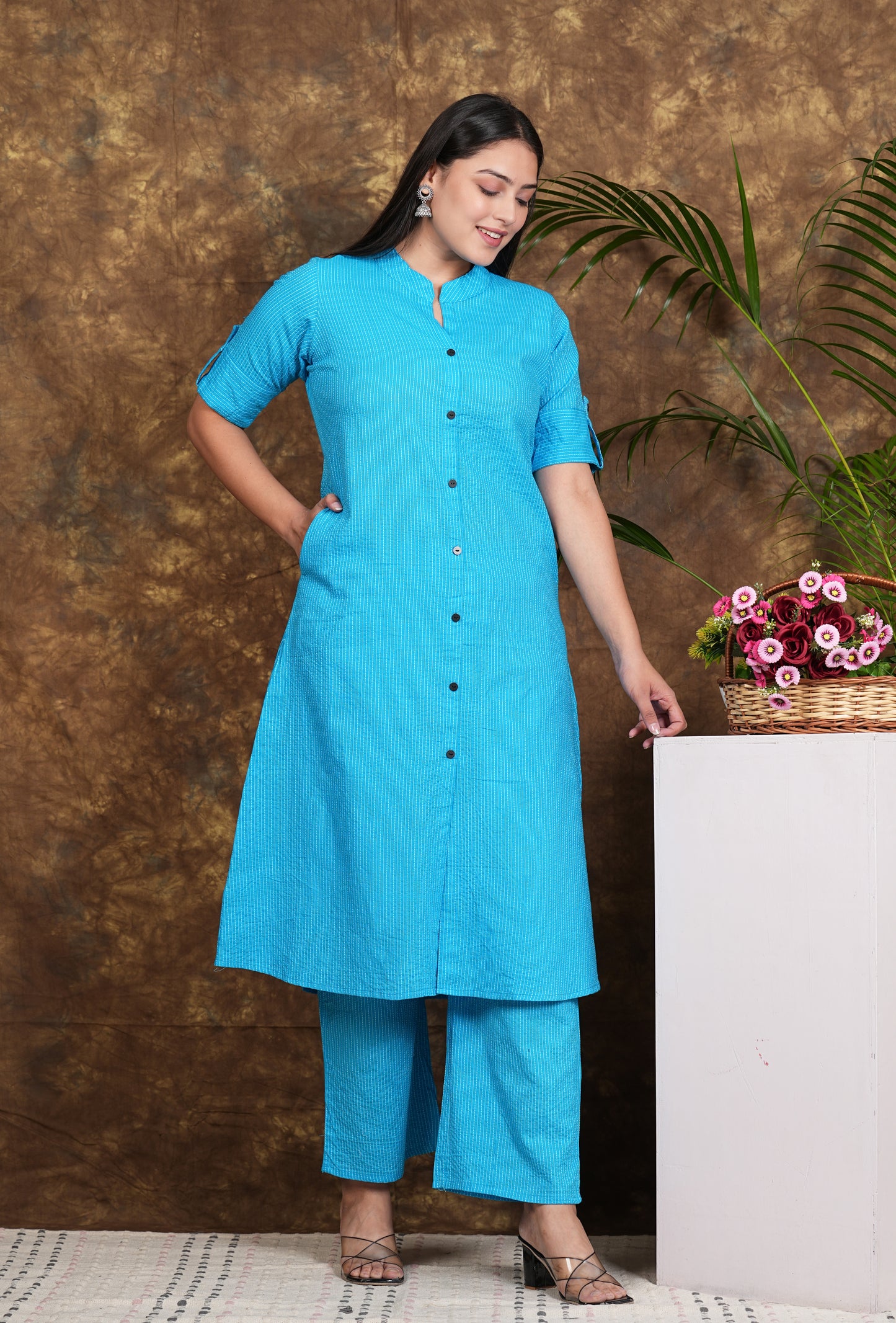 LIBASRACHNA Sky Blue Katha Cotton Kurta And Palazzo Set