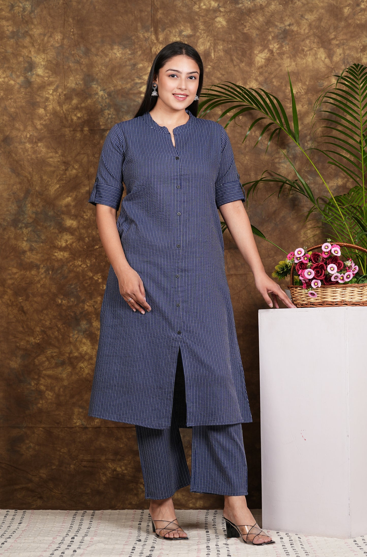 LIBASRACHNA Mist Blue Katha Cotton Kurta And Palazzo Set