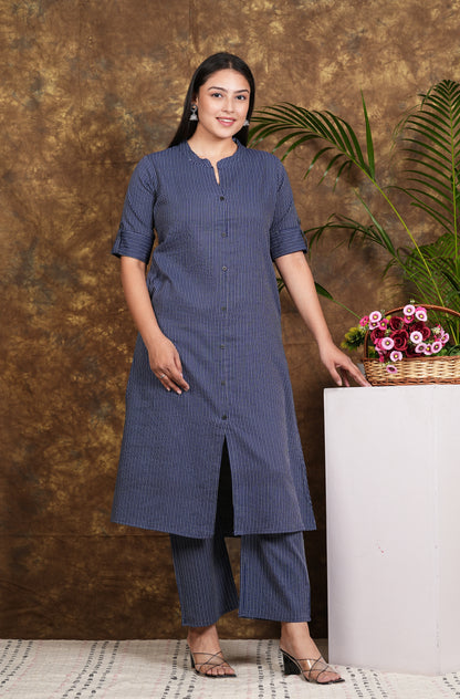 LIBASRACHNA Mist Blue Katha Cotton Kurta And Palazzo Set