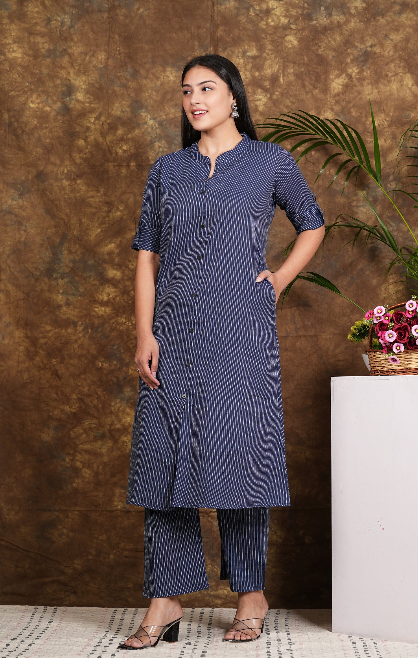 LIBASRACHNA Mist Blue Katha Cotton Kurta And Palazzo Set