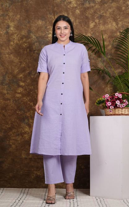 LIBASRACHNA Pastel Purple Katha Cotton Kurta And Palazzo Set