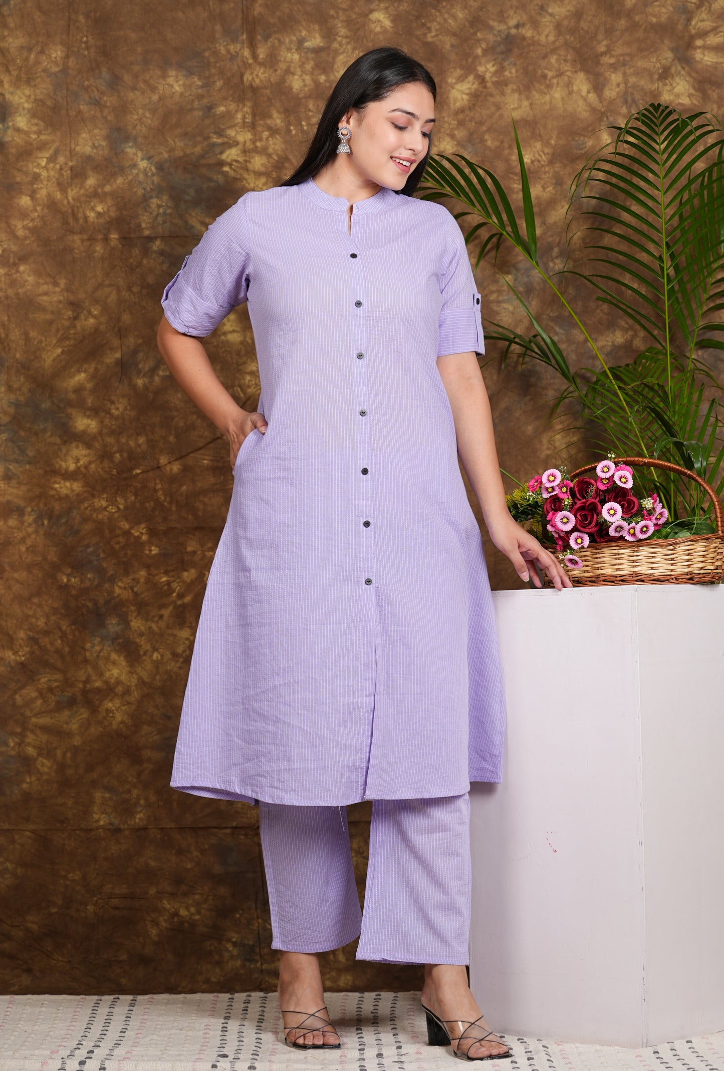 LIBASRACHNA Pastel Purple Katha Cotton Kurta And Palazzo Set