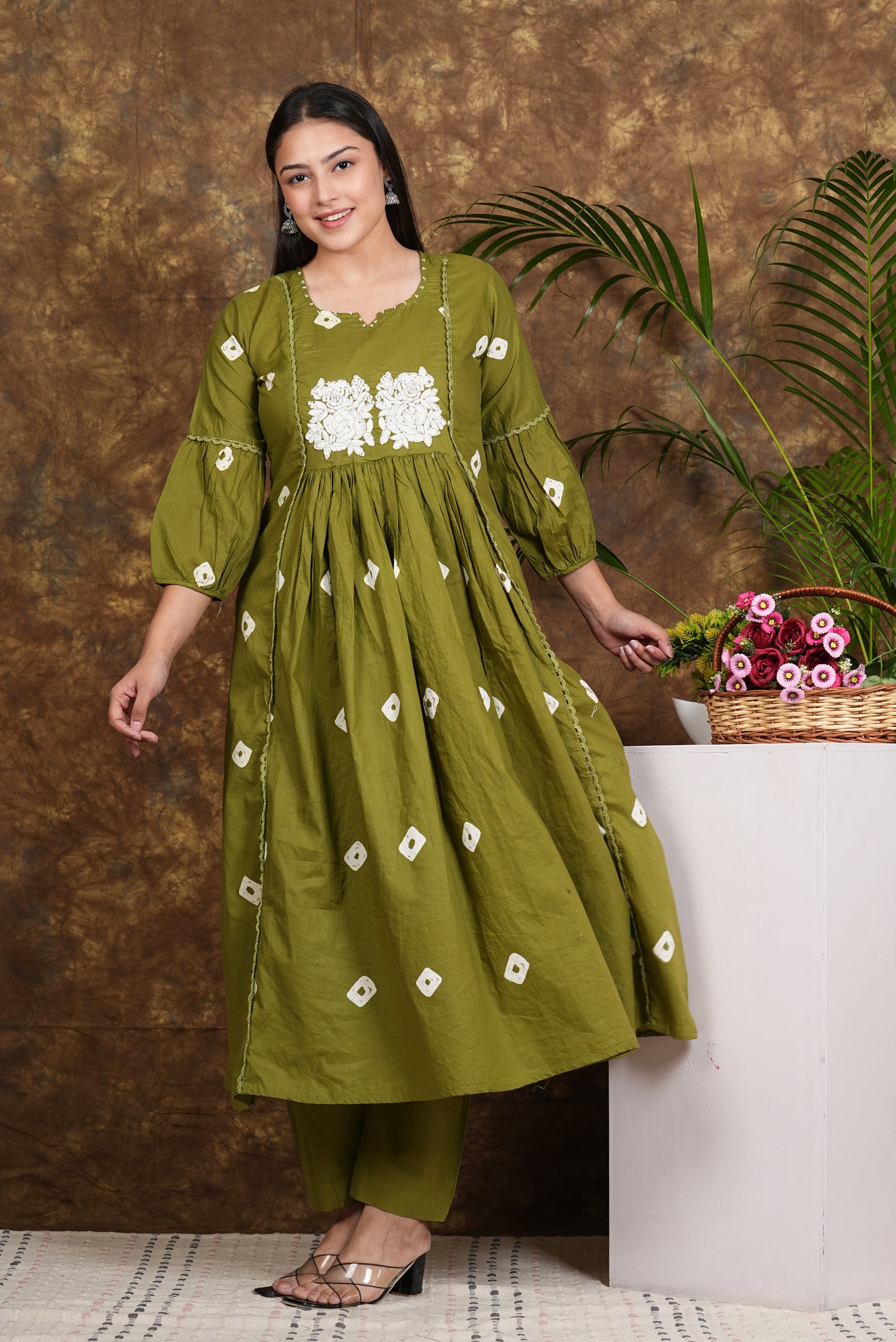 "Elegant Green cotton Printed Kurti Pant Set"