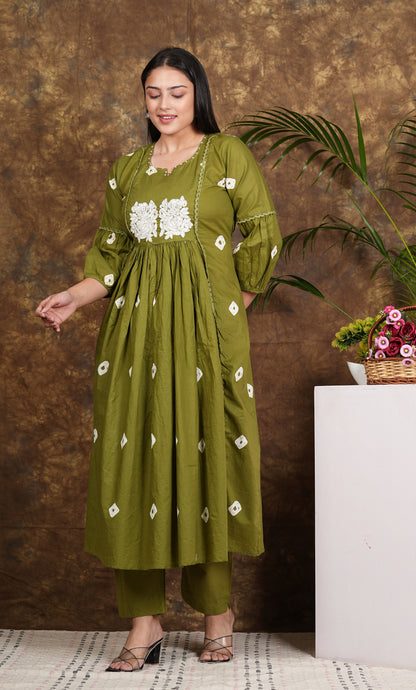 "Elegant Green cotton Printed Kurti Pant Set"