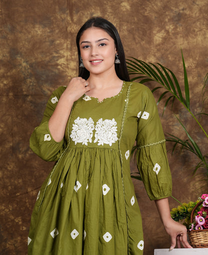 "Elegant Green cotton Printed Kurti Pant Set"