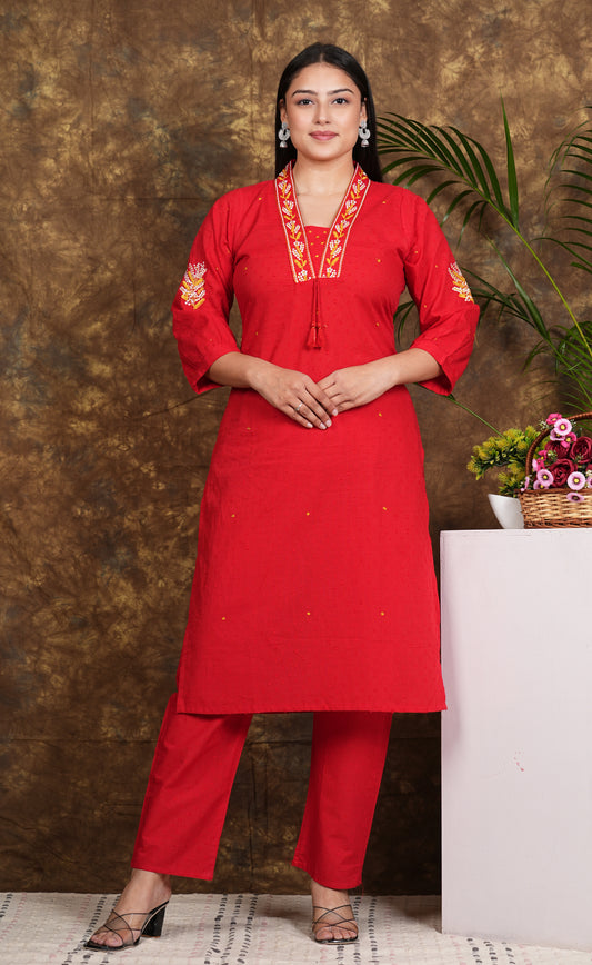 Cotton A-Line Kurta with pants - RED