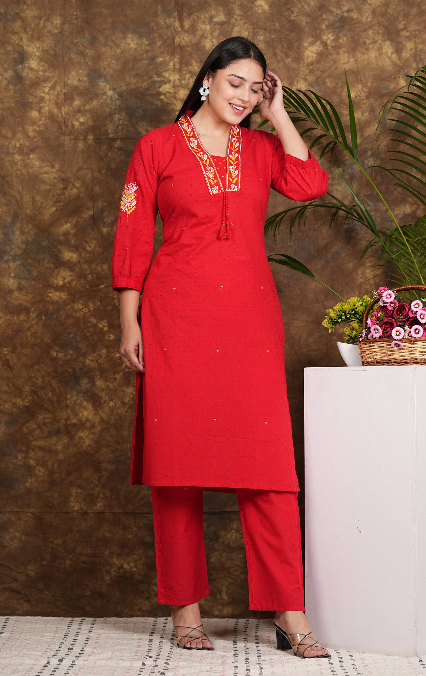 Cotton A-Line Kurta with pants - RED