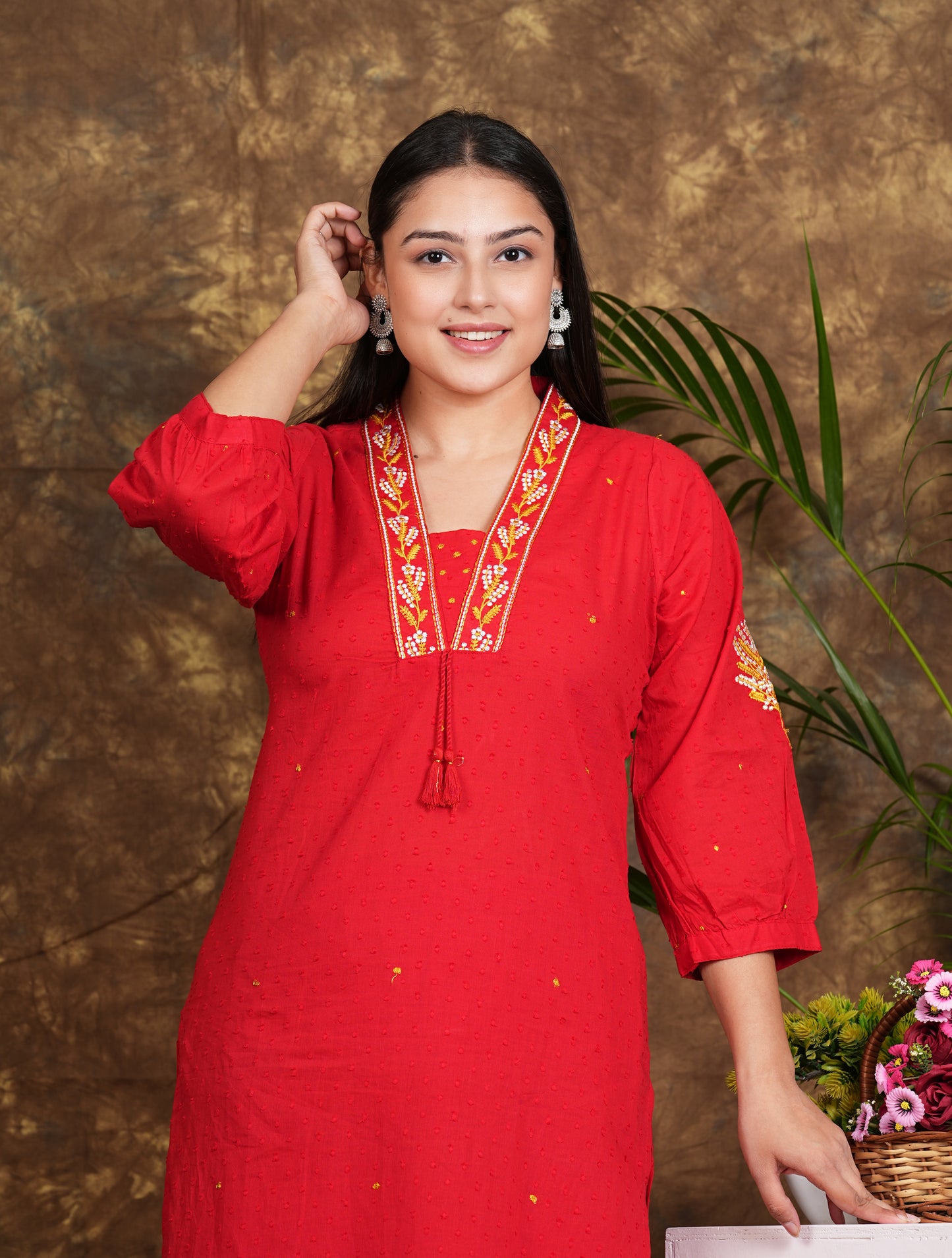 Cotton A-Line Kurta with pants - RED