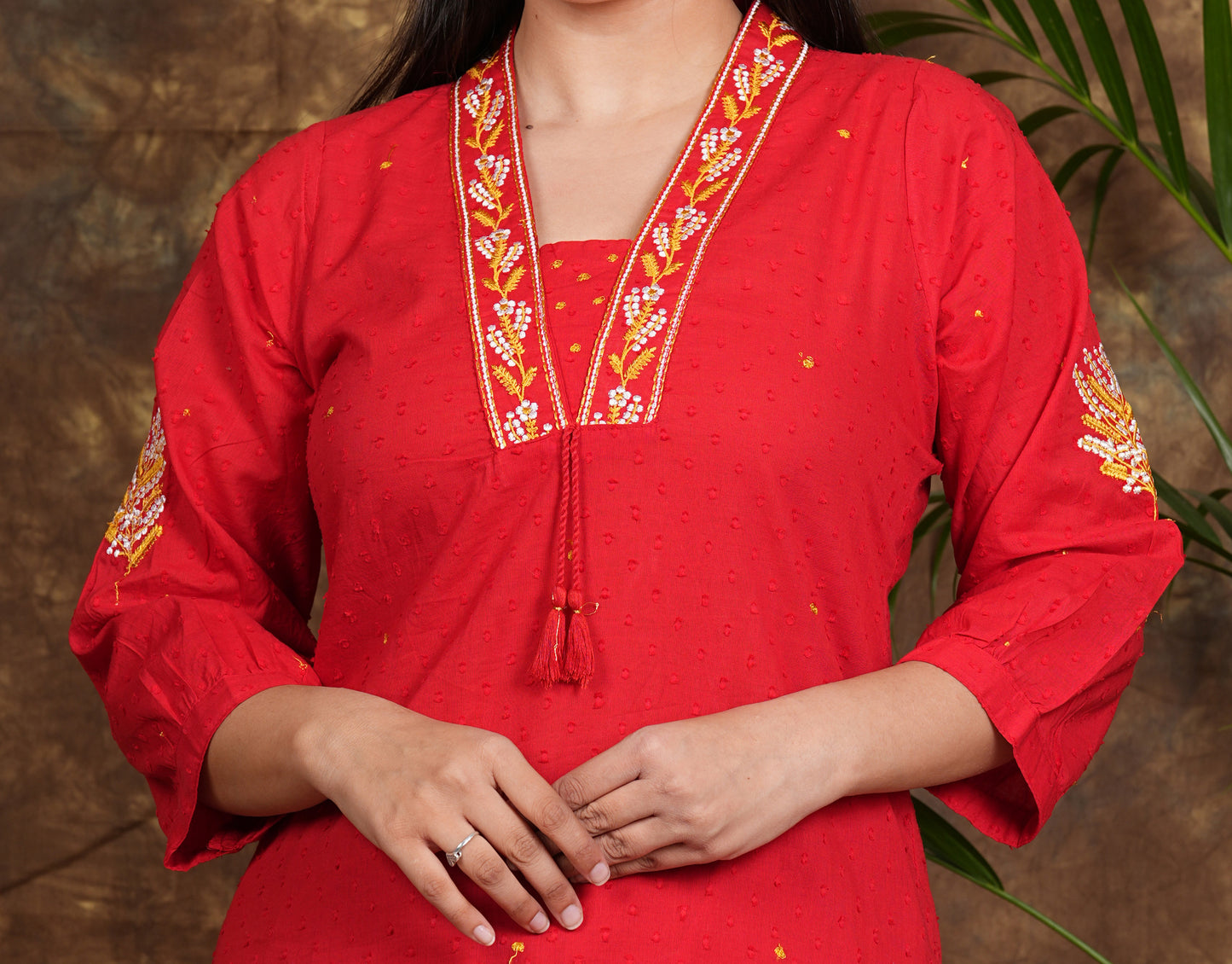 Cotton A-Line Kurta with pants - RED