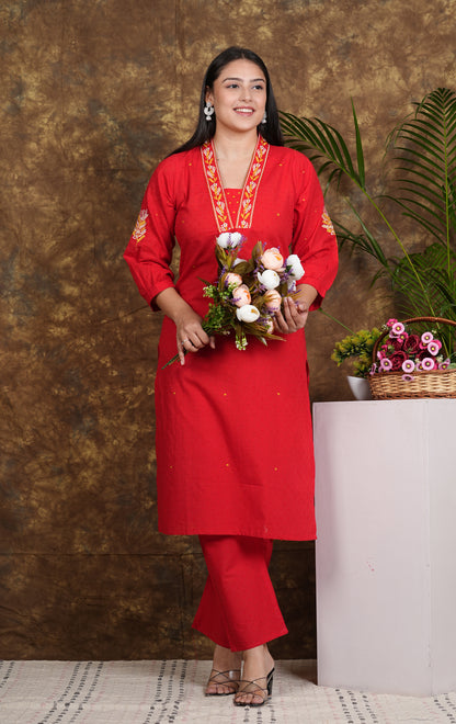 Cotton A-Line Kurta with pants - RED