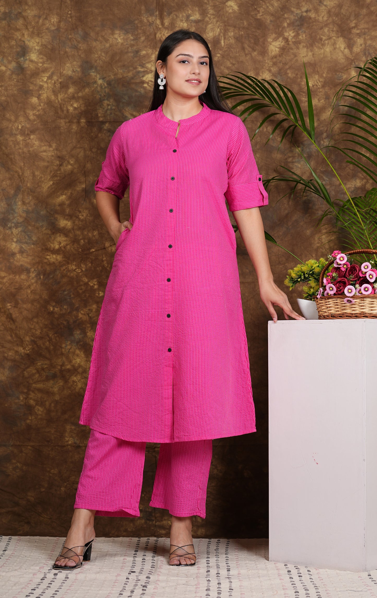 LIBASRACHNA RANI Pink Katha Cotton Kurta And Palazzo Set