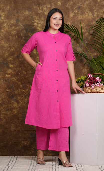 LIBASRACHNA RANI Pink Katha Cotton Kurta And Palazzo Set