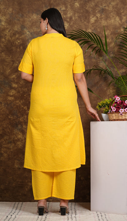 LIBASRACHNA Yellow Katha Cotton Kurta And Palazzo Set