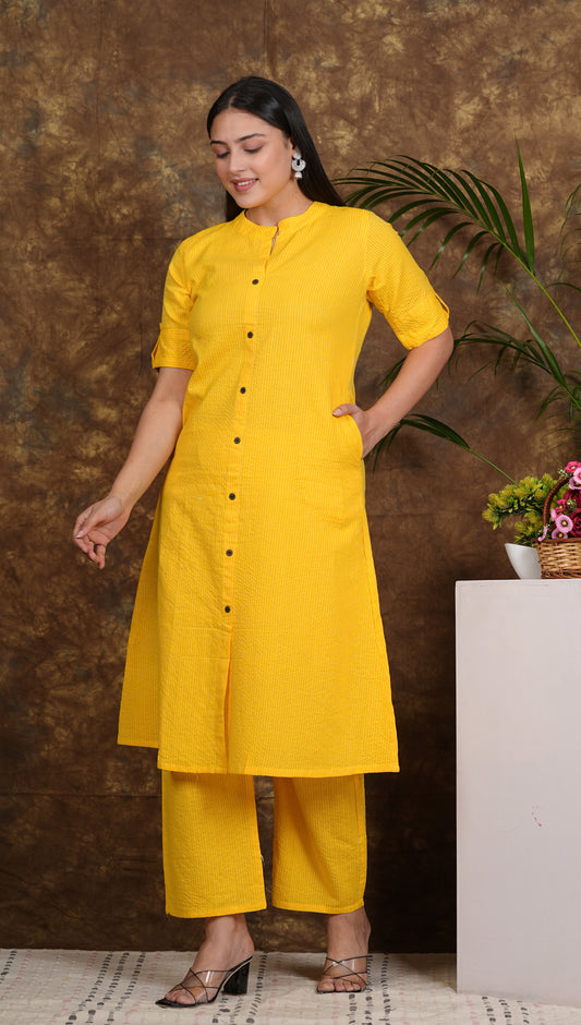 LIBASRACHNA Yellow Katha Cotton Kurta And Palazzo Set