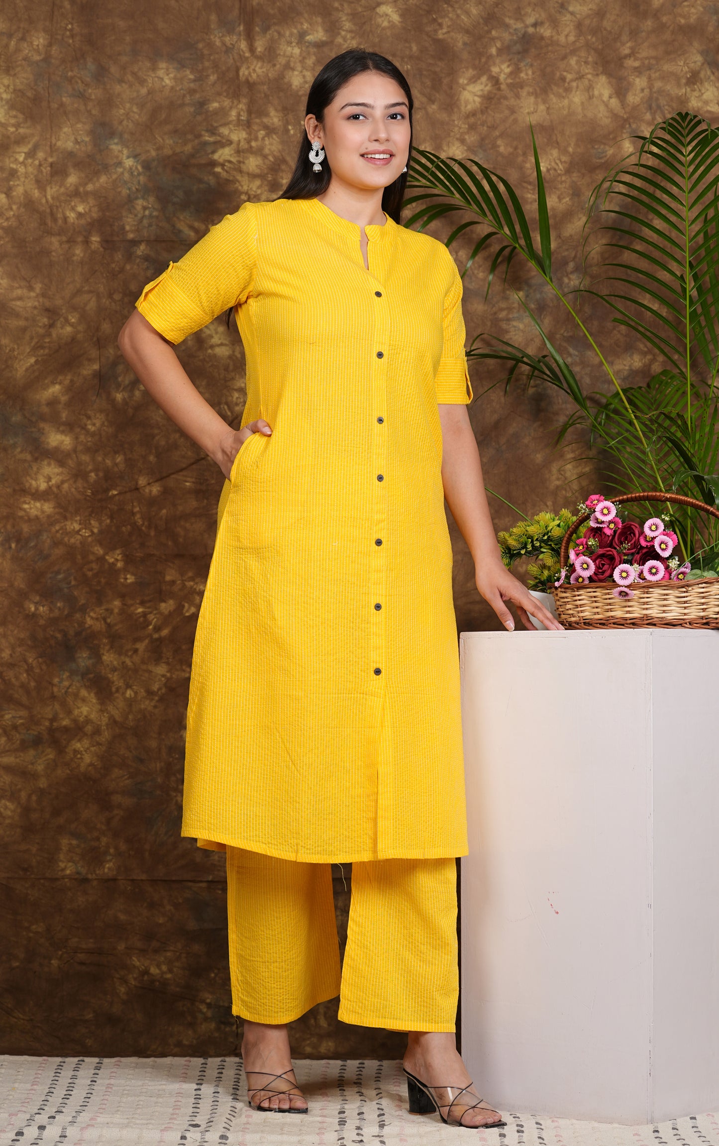 LIBASRACHNA Yellow Katha Cotton Kurta And Palazzo Set