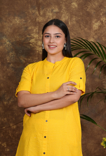 LIBASRACHNA Yellow Katha Cotton Kurta And Palazzo Set