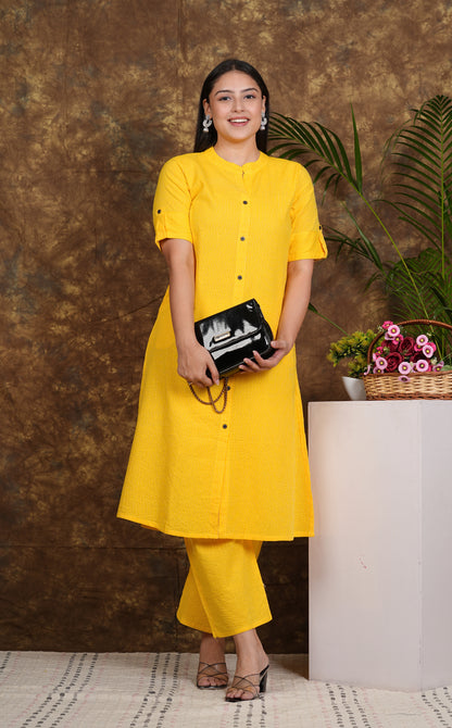 LIBASRACHNA Yellow Katha Cotton Kurta And Palazzo Set