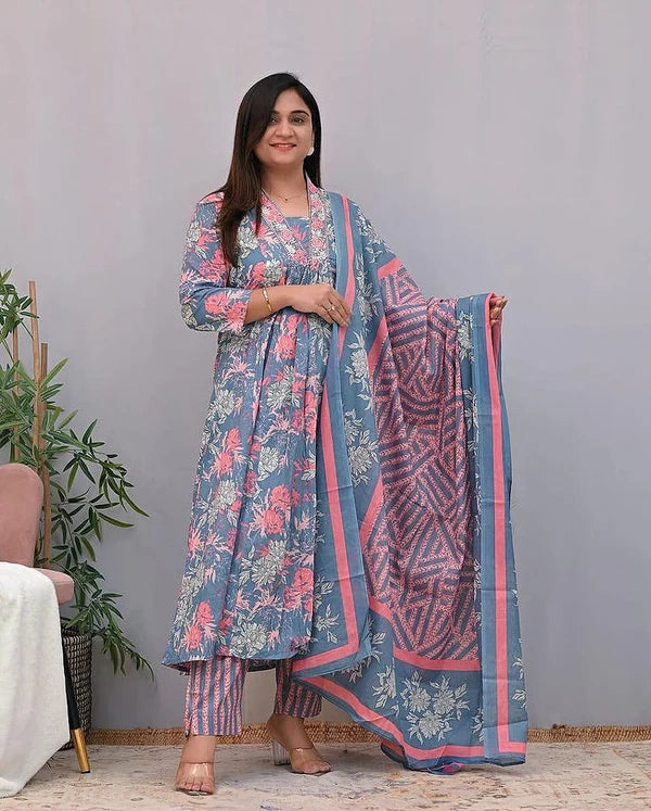 "Chic & Artistic: Designer Party Wear Pure Cotton Salwar Suit with Hand Block Print"