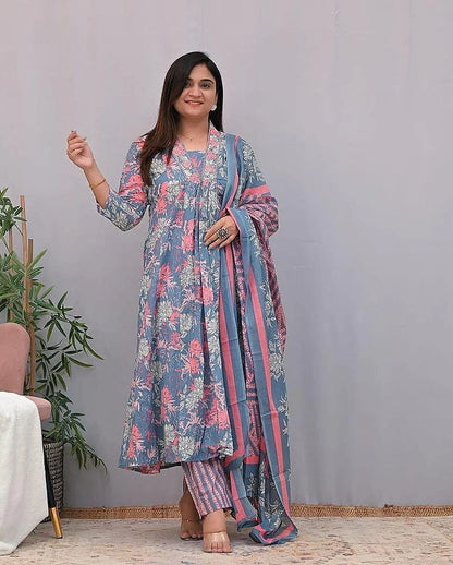 "Chic & Artistic: Designer Party Wear Pure Cotton Salwar Suit with Hand Block Print"