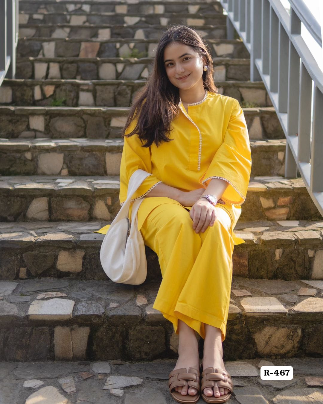 Elegant Yellow Lace Work Cotton Kurti Pant Set