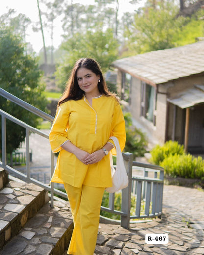 Elegant Yellow Lace Work Cotton Kurti Pant Set