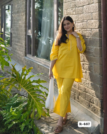 Elegant Yellow Lace Work Cotton Kurti Pant Set