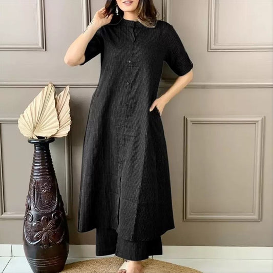 LIBASRACHNA Black Katha Cotton Kurta And Palazzo Set