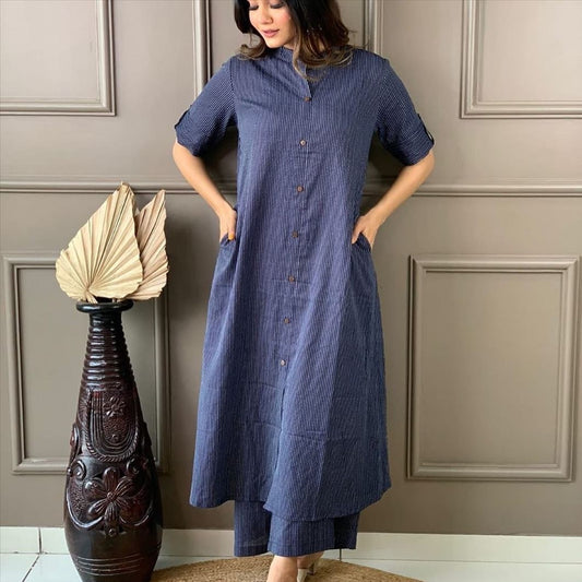 LIBASRACHNA Mist Blue Katha Cotton Kurta And Palazzo Set