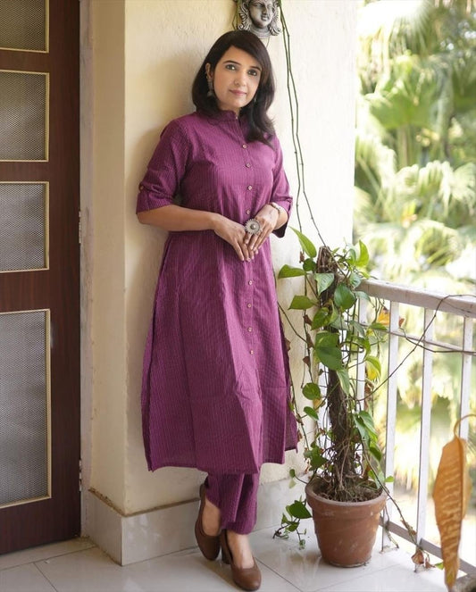 LIBASRACHNA Katha Cotton Kurta Set (WINE)