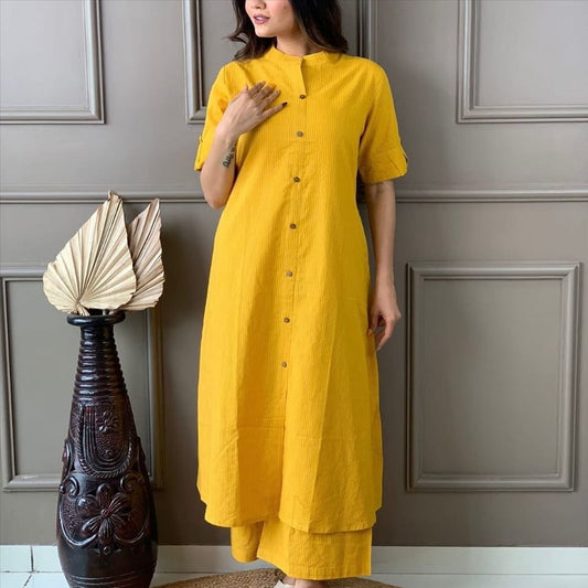 LIBASRACHNA Yellow Katha Cotton Kurta And Palazzo Set