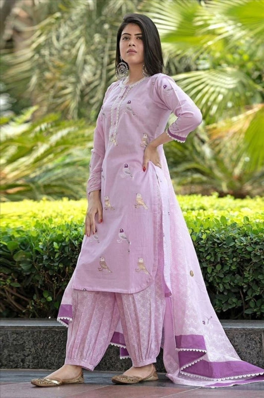 LIBASRACHNA Bird Printed Pink Cotton Kurta And Pant Set With Dupatta