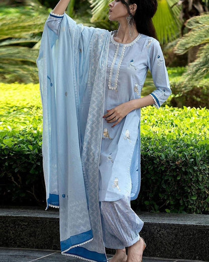 LIBASRACHNA Bird Printed Sky Blue Cotton Kurta And Pant Set With Dupatta