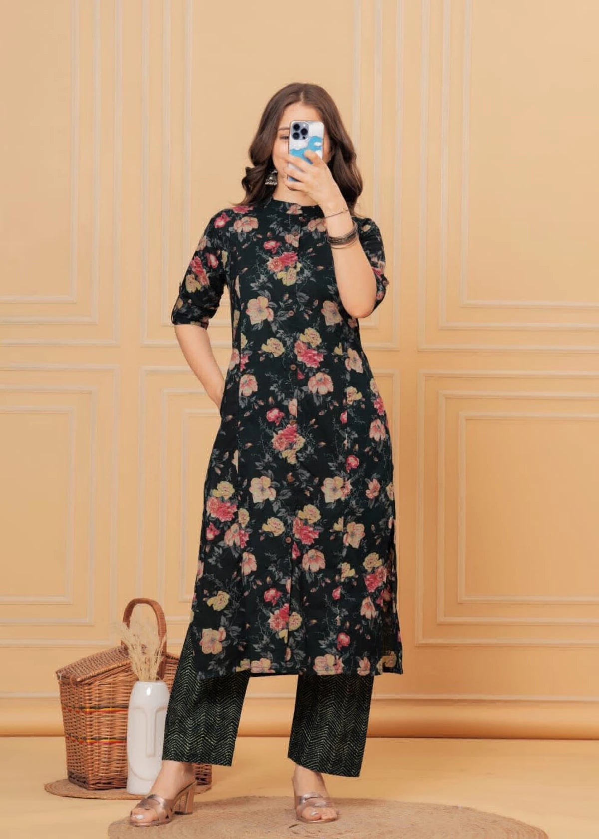 LIBASRACHNA "Midnight Garden: Black Floral Cotton Co-ord Salwar Kameez Set for Summer"