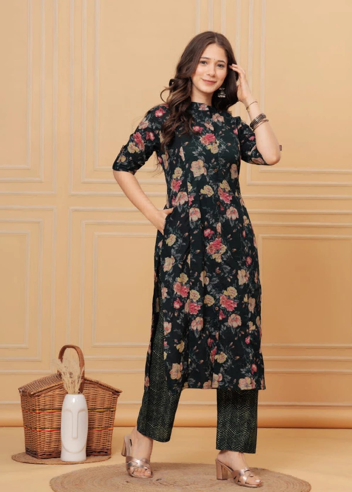 LIBASRACHNA "Midnight Garden: Black Floral Cotton Co-ord Salwar Kameez Set for Summer"