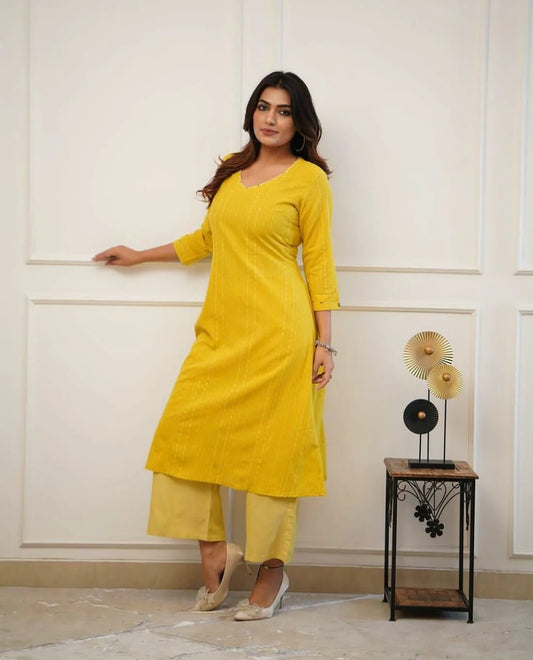 LIBASRACHNA Yellow Katha Cotton Kurta And Cotton Pant Set