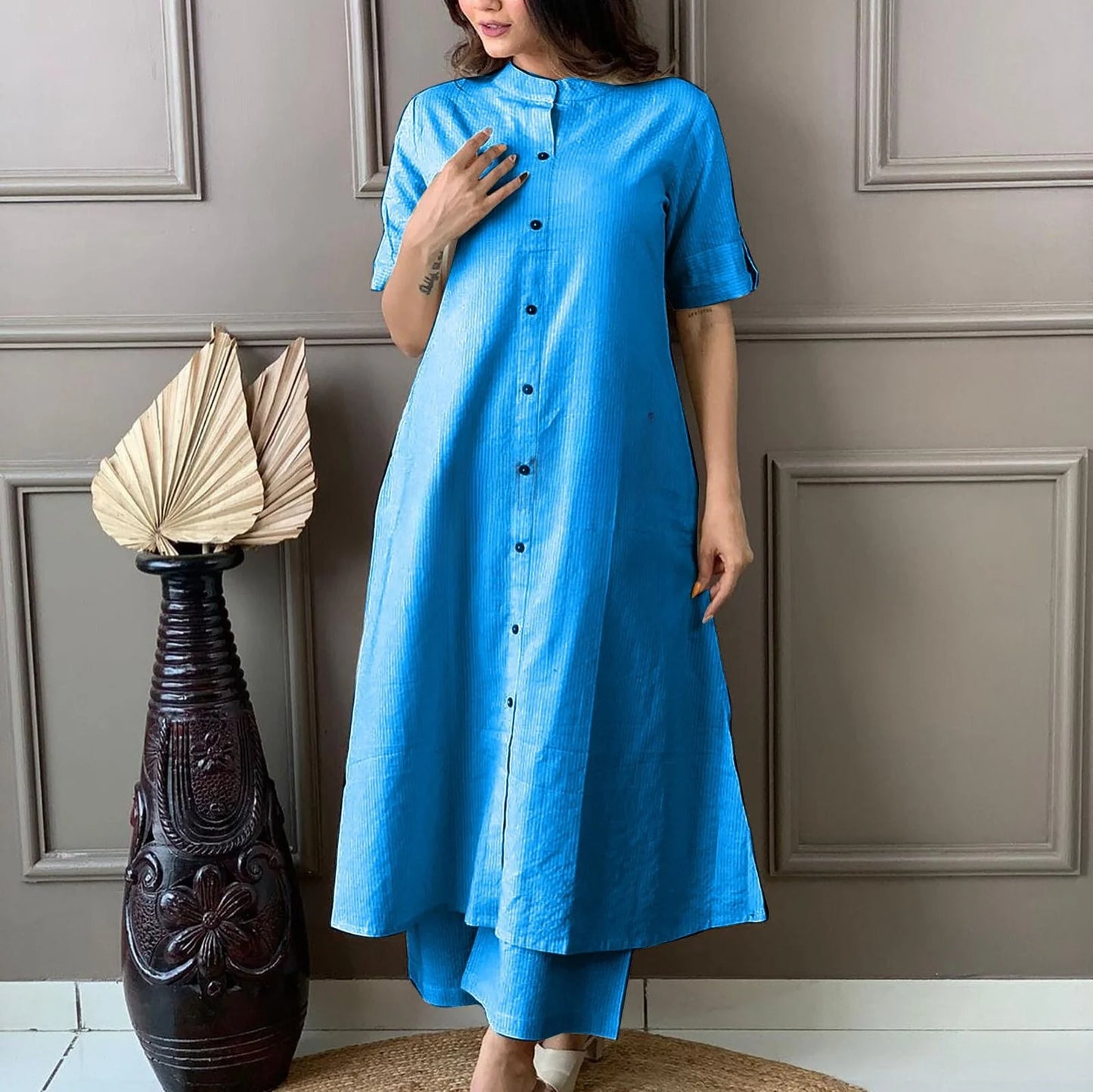 LIBASRACHNA Sky Blue Katha Cotton Kurta And Palazzo Set