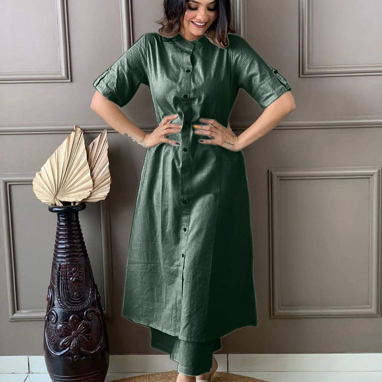 LIBASRACHNA Bottle Green Katha Cotton Kurta And Palazzo Set