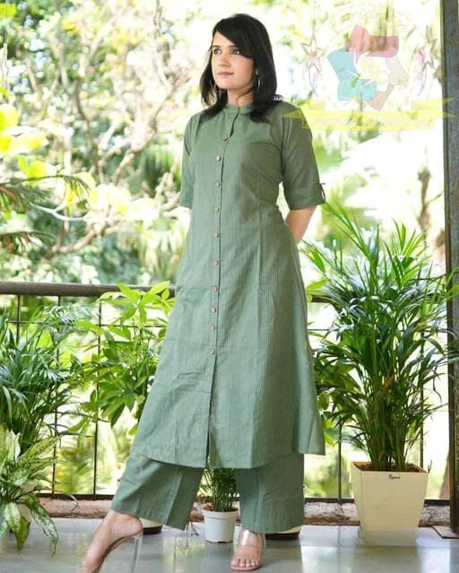 LIBASRACHNA Green Katha Cotton Kurta And Palazzo Set