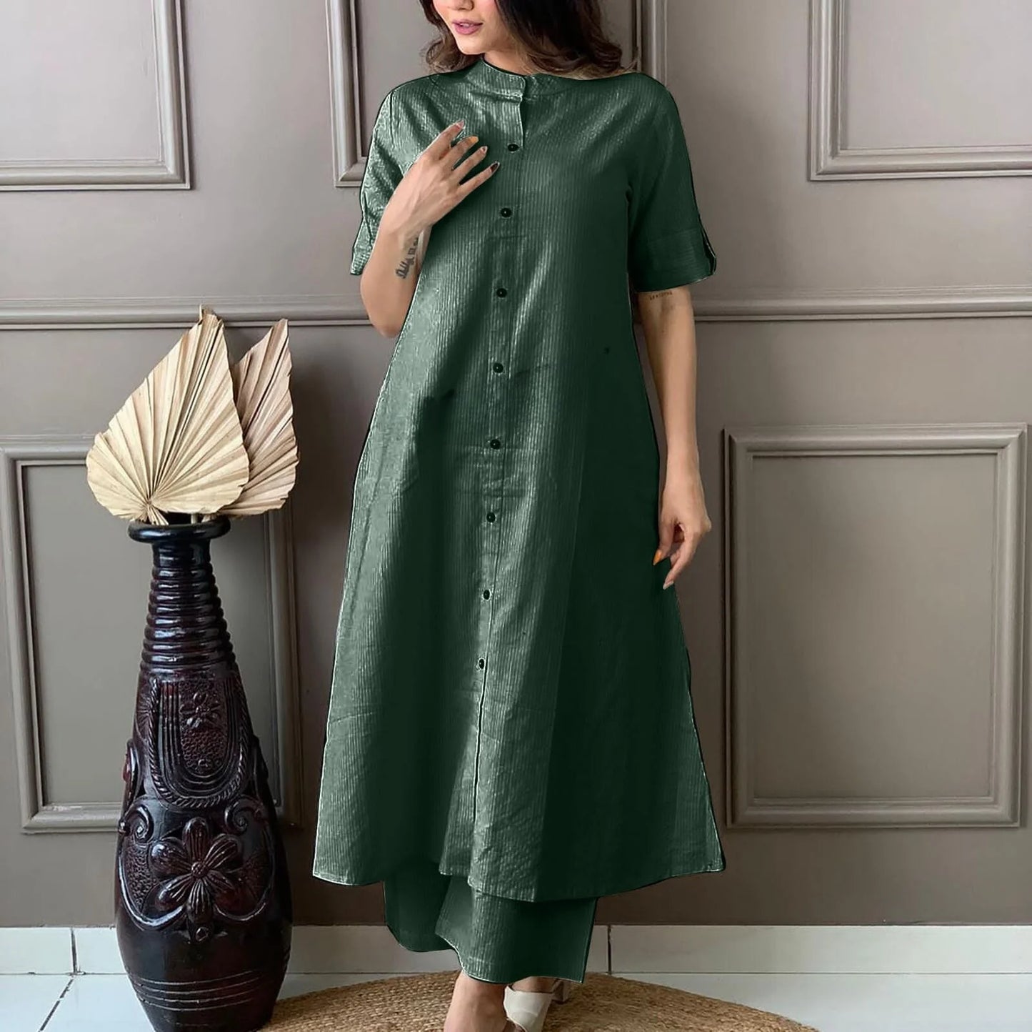 LIBASRACHNA Bottle Green Katha Cotton Kurta And Palazzo Set