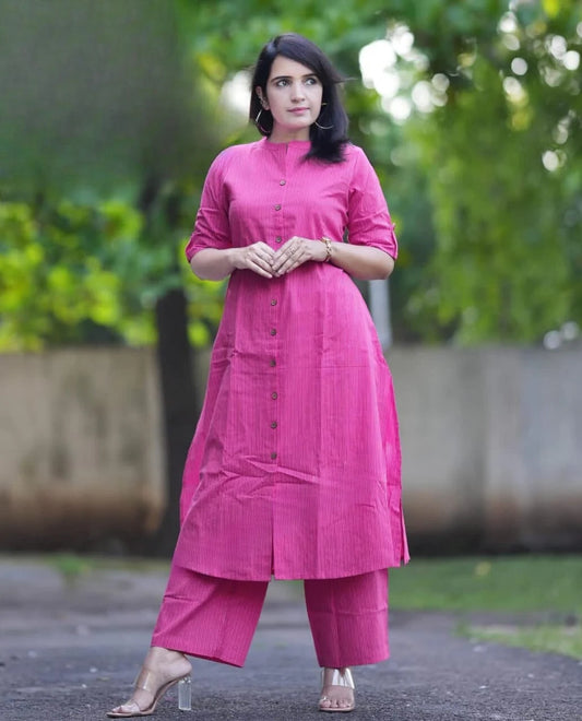 LIBASRACHNA RANI Pink Katha Cotton Kurta And Palazzo Set